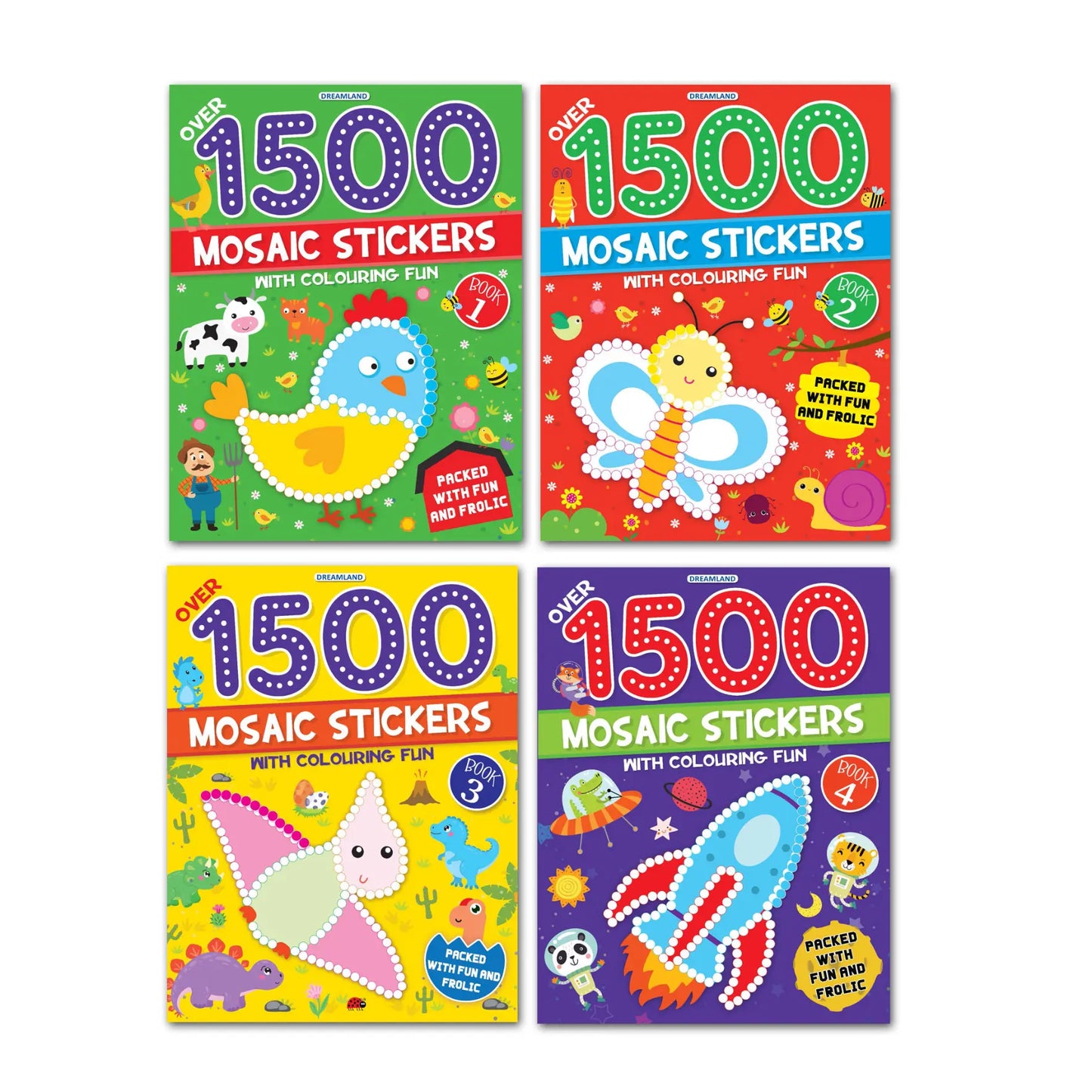 1500 Mosaic Stickers with Colouring Fun Books Pack - A Set of 4 Books