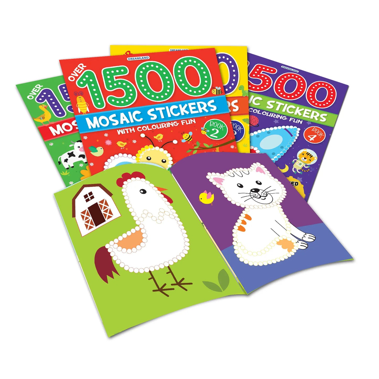 1500 Mosaic Stickers with Colouring Fun Books Pack - A Set of 4 Books