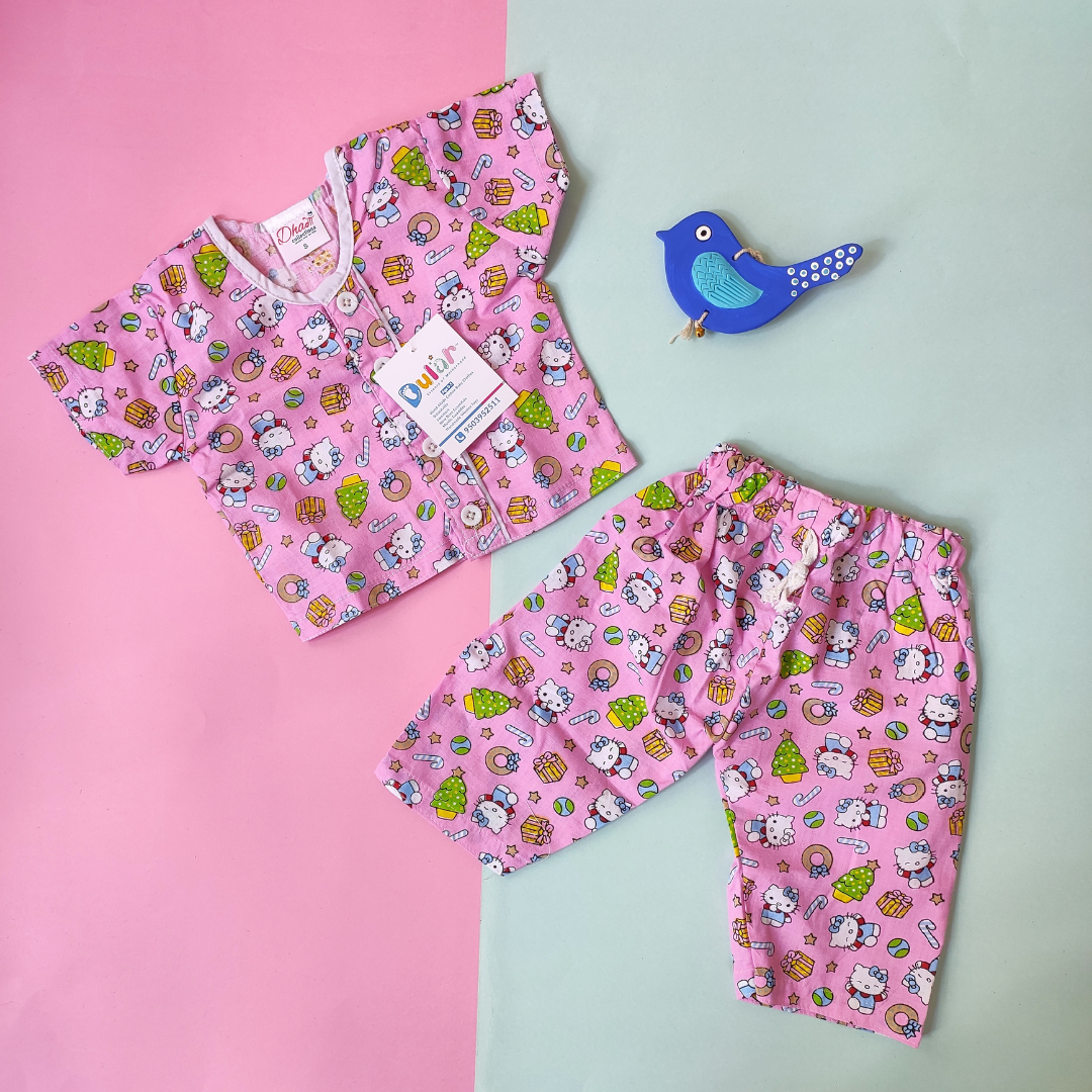 Cotton Night Suit - Pink Kitty - Tinycubs -
