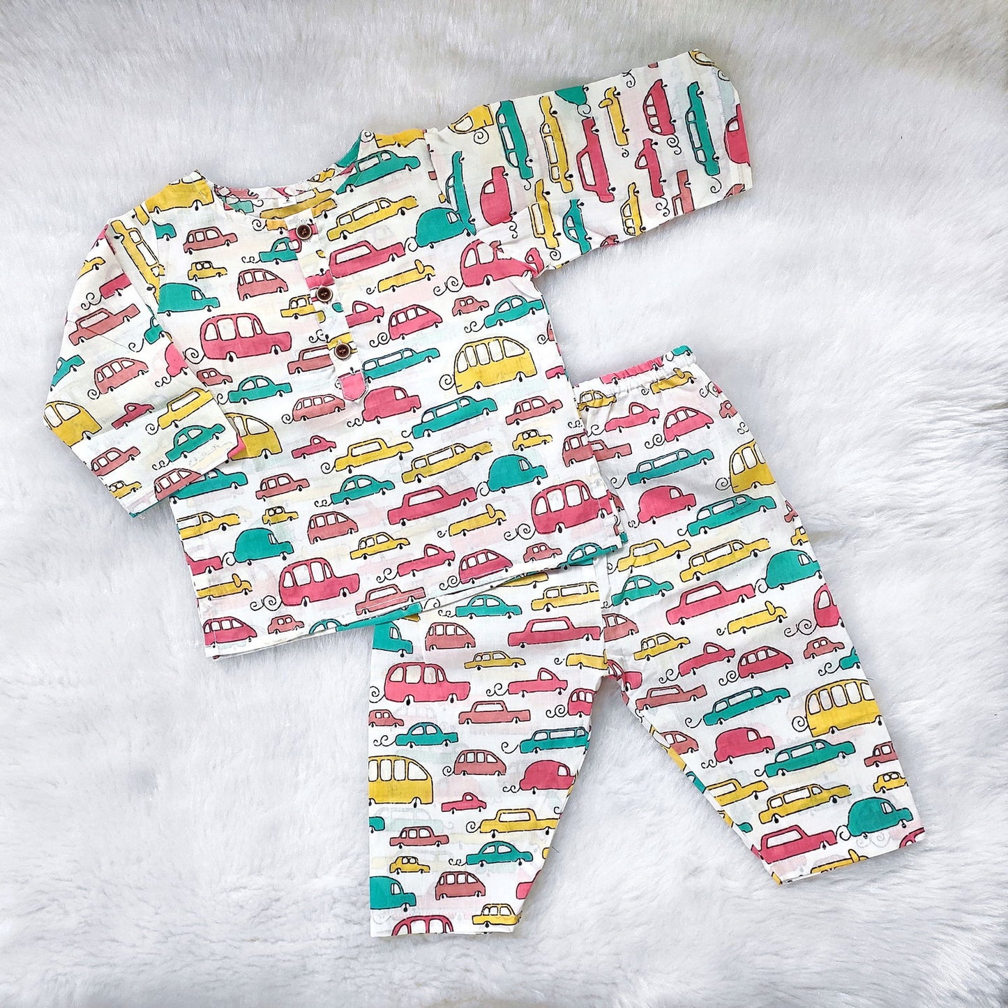 Jaipur Cotton Night Suit - Pink Yellow Car - Tinycubs -