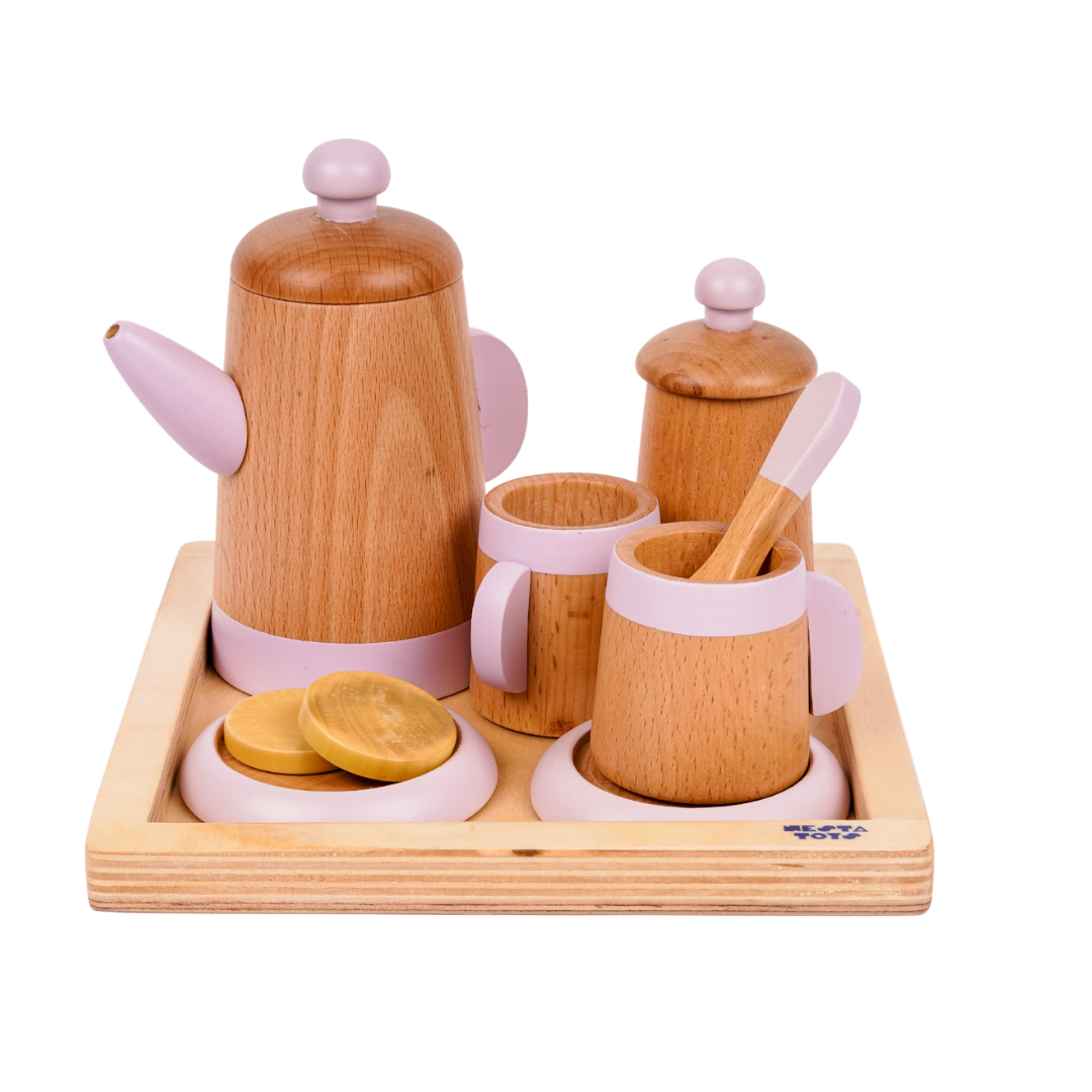 NESTA TOYS Wooden Tea Set Kitchen Toys Pretend Play Food