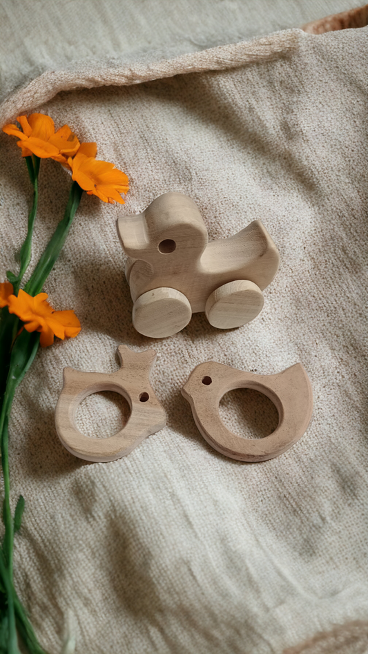 100% Natural Neem Wooden Teethers & Wheel Toy - Bunny, Dove & Duck Shapes - Tinycubs - 