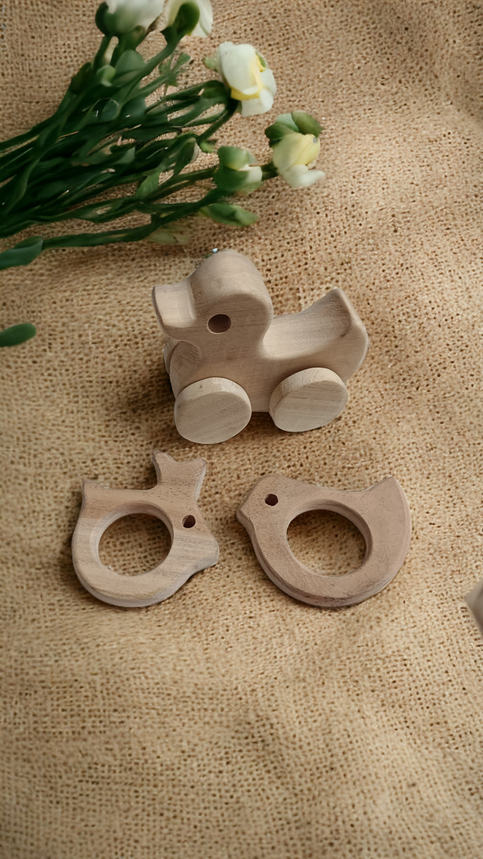 100% Natural Neem Wooden Teethers & Wheel Toy - Bunny, Dove & Duck Shapes - Tinycubs - 