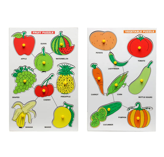 Wooden Picture Educational Board - Vegetable Puzzle + Fruits Puzzle for Kids Combo of 2