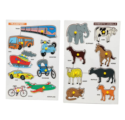 Wooden Picture Educational Board - Transport-Puzzle & Domestic Animal Puzzle (Combo of 2)