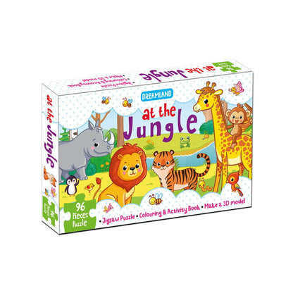 At the Jungle Jigsaw Puzzle for Kids – 96 Pcs | With Colouring & Activity Book and 3D Model - Tinycubs - 