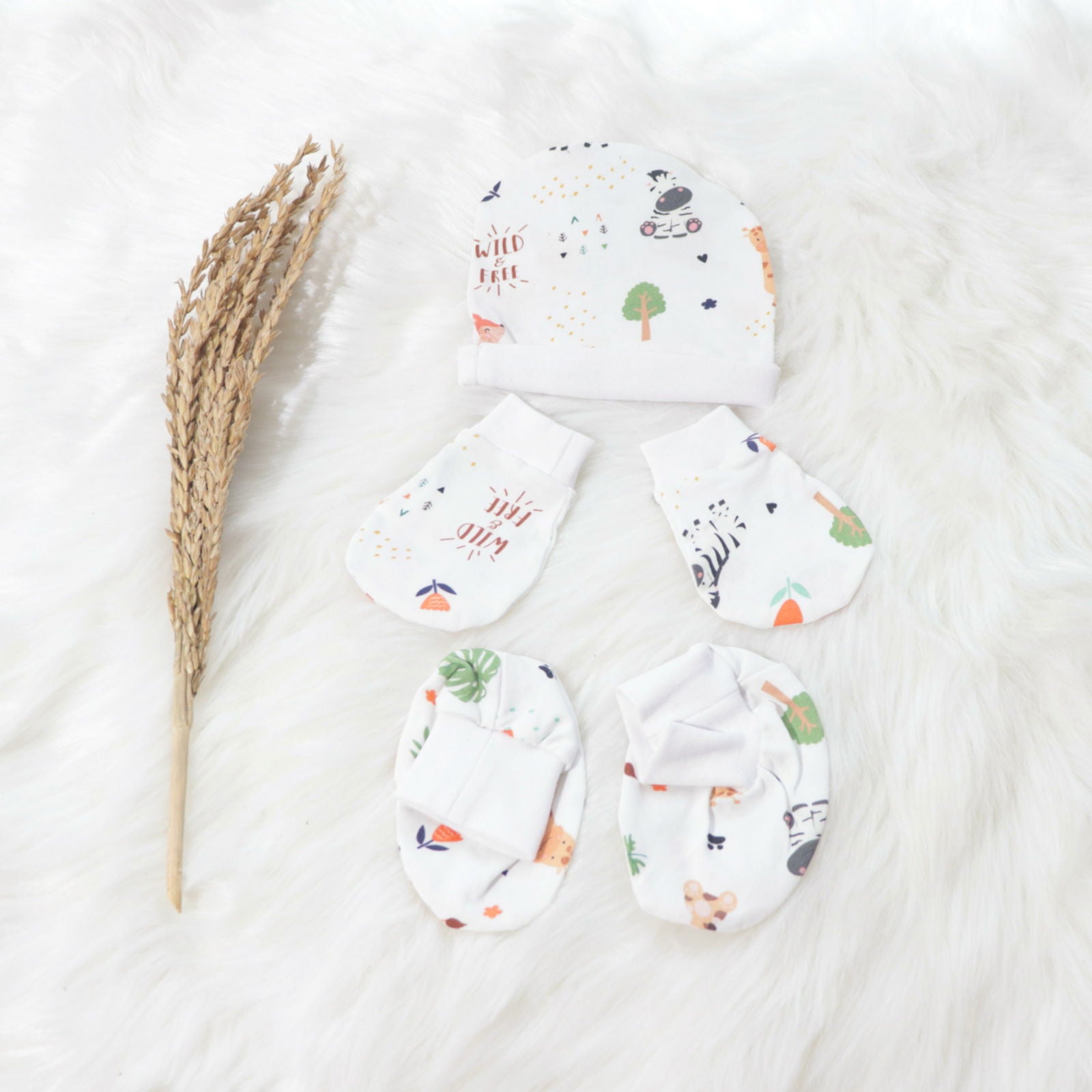 Baby Animals - Cotton Cap, Mittens & Booties Set - Tinycubs - 