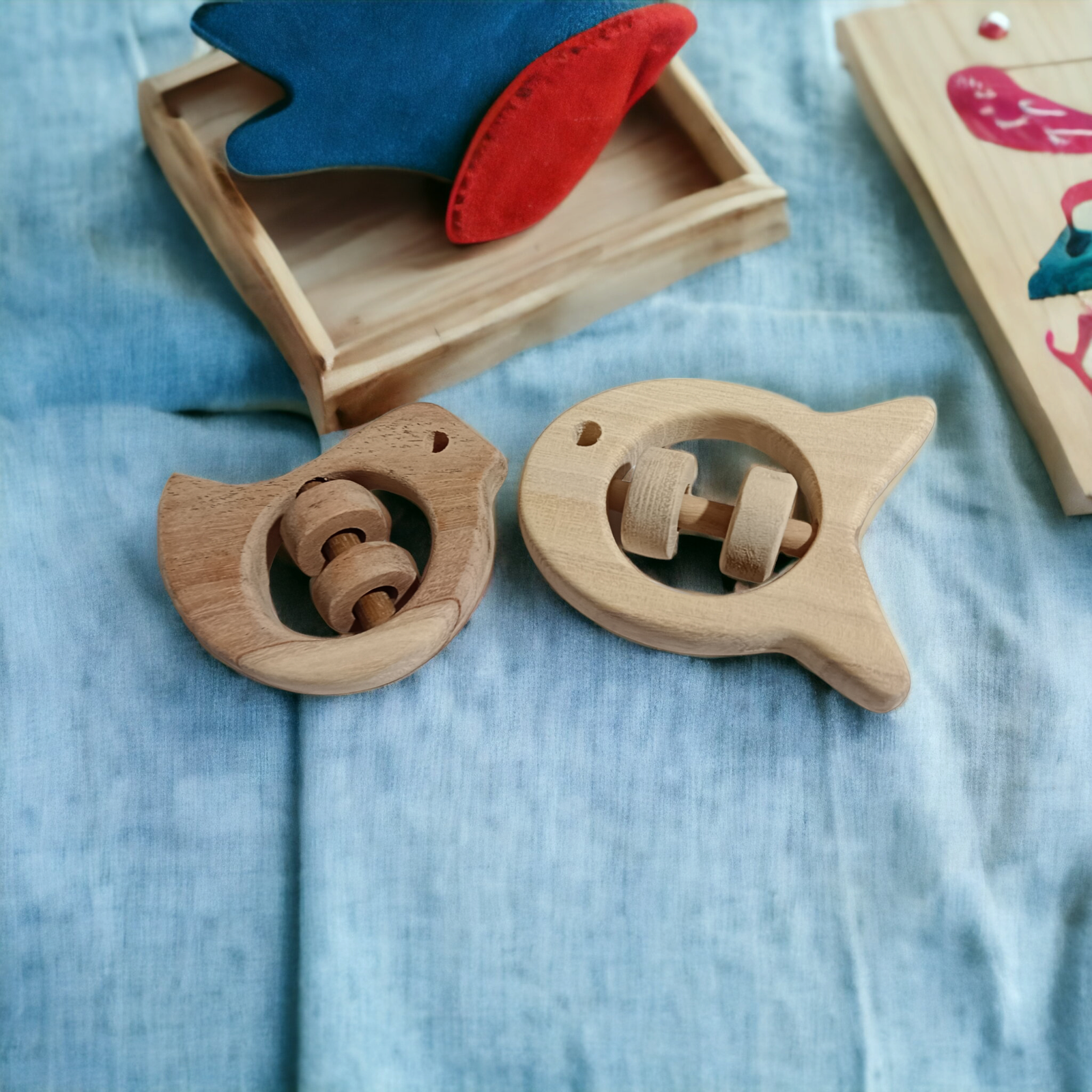 Beautiful Rattle Toys - Dove & Fish Shapes - From Pure Neem Wood - Tinycubs - 
