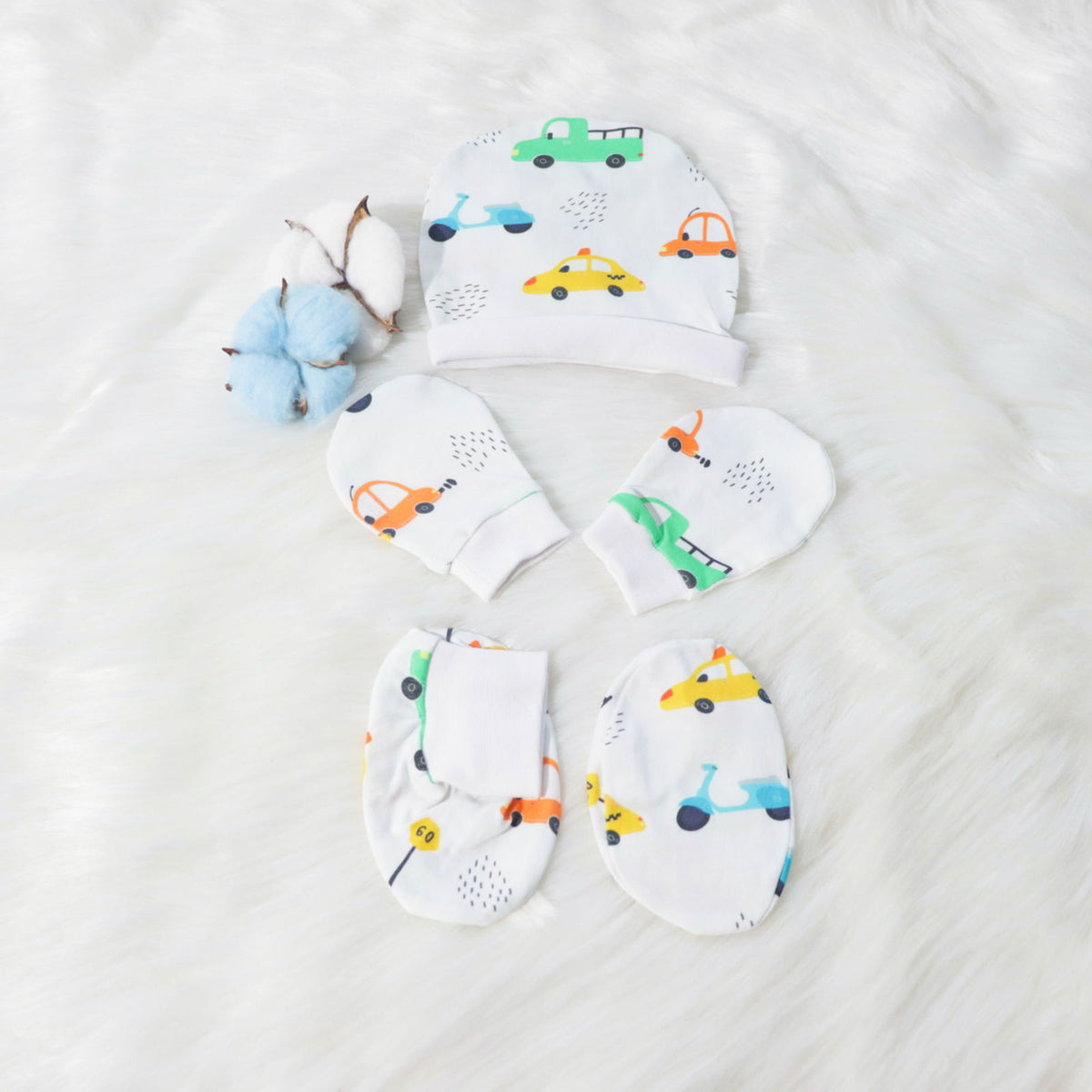 Beep Beep - Cotton Cap, Mittens & Booties Set - Tinycubs - 