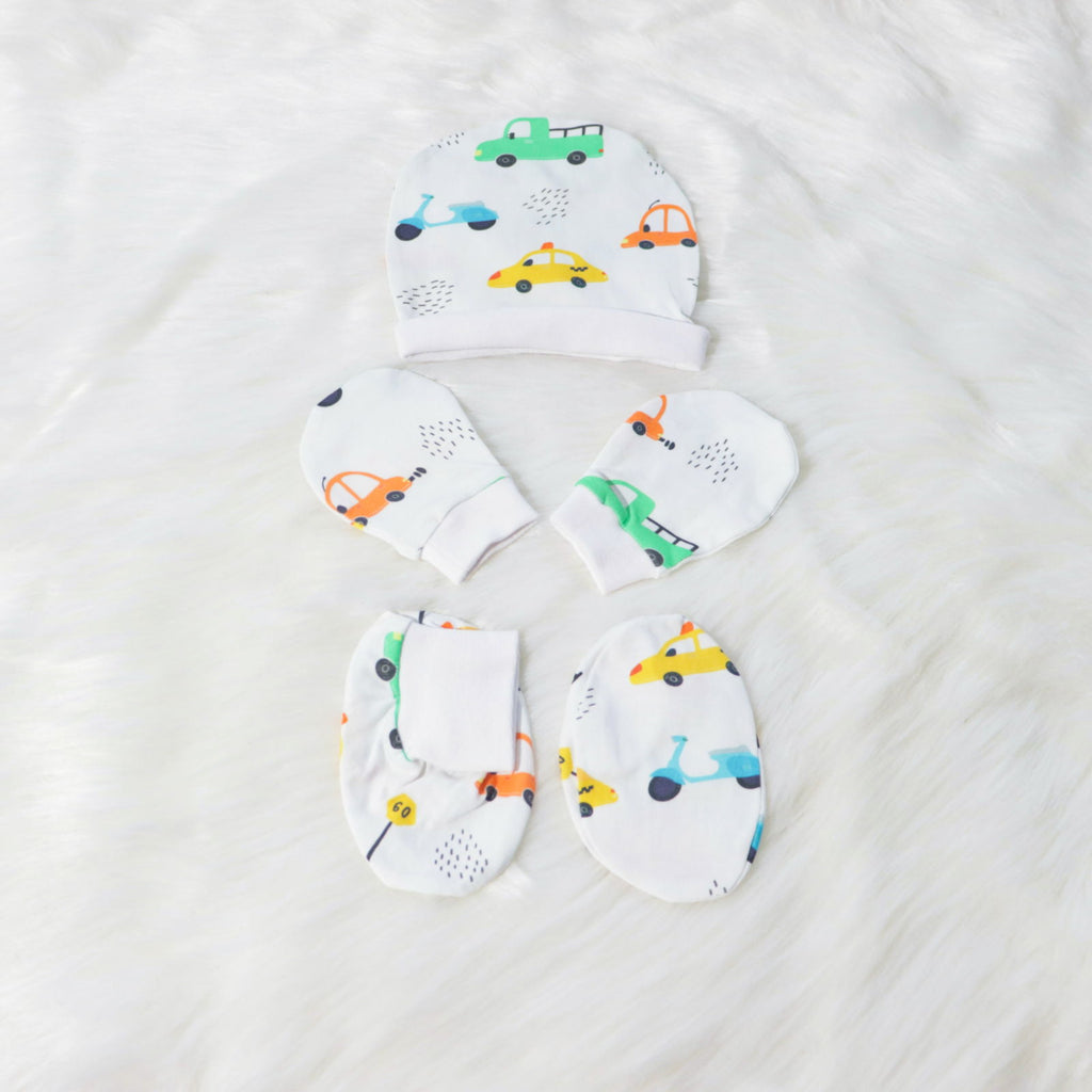 Beep Beep - Cotton Cap, Mittens & Booties Set - Tinycubs - 