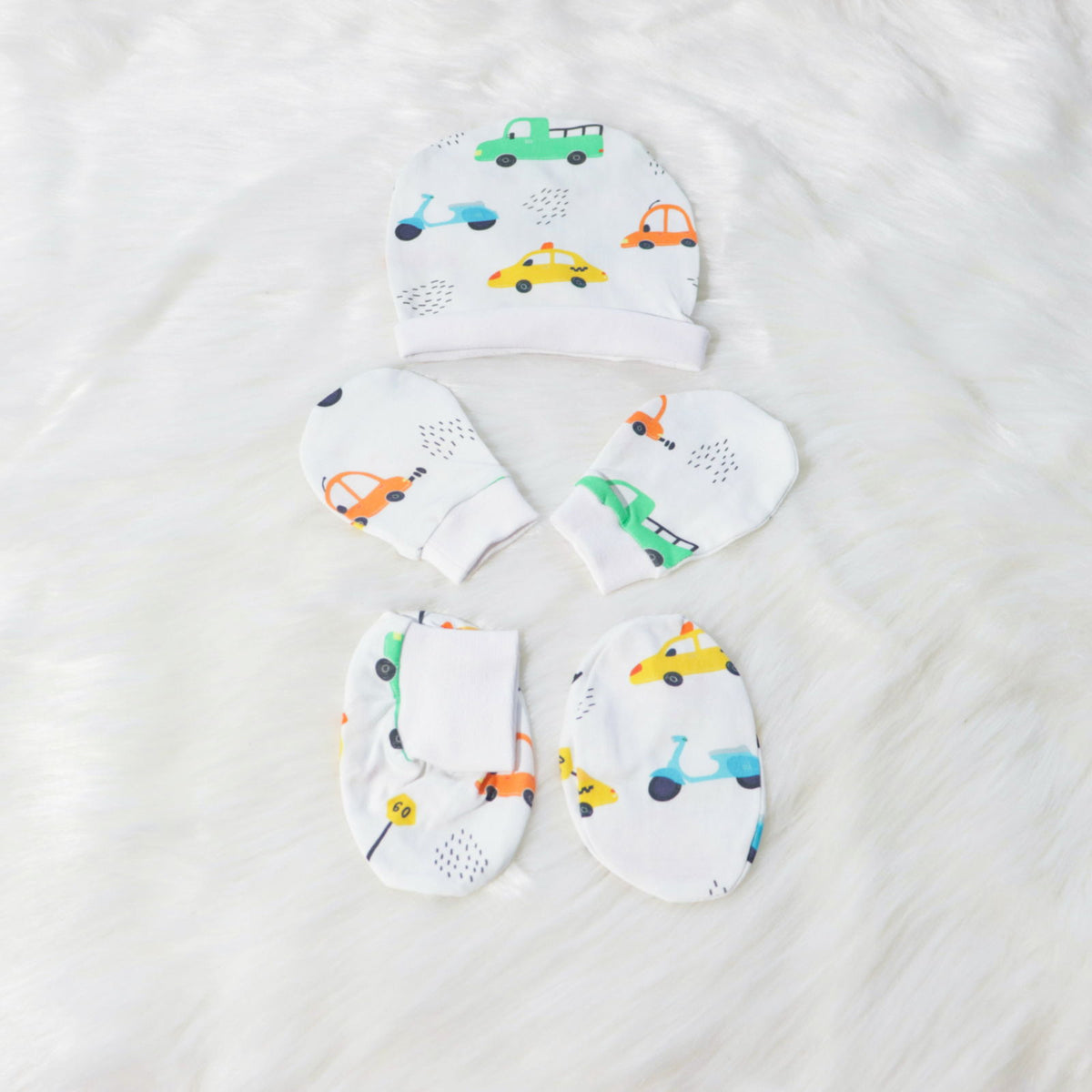 Beep Beep - Cotton Cap, Mittens & Booties Set - Tinycubs - 