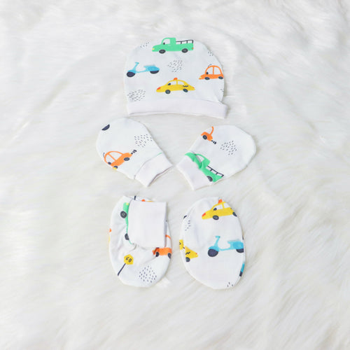 Beep Beep - Cotton Cap, Mittens & Booties Set - Tinycubs - 