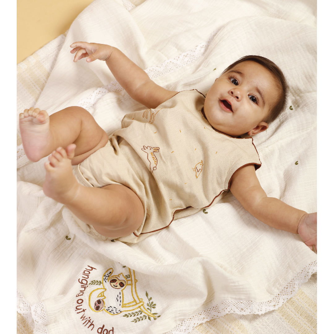 Bhaakur Cotton Flax Sleeveless Romper for newborns| Forest Theme Embroidery - Tinycubs - 