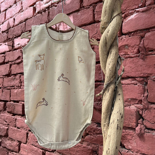 Bhaakur Cotton Flax Sleeveless Romper for newborns| Forest Theme Embroidery - Tinycubs - 