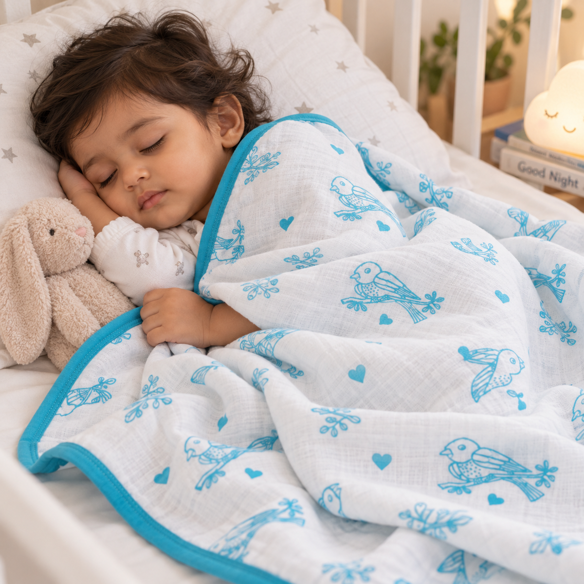 Sleeping child covered with a white sparrow-print blanket with turquoise edging