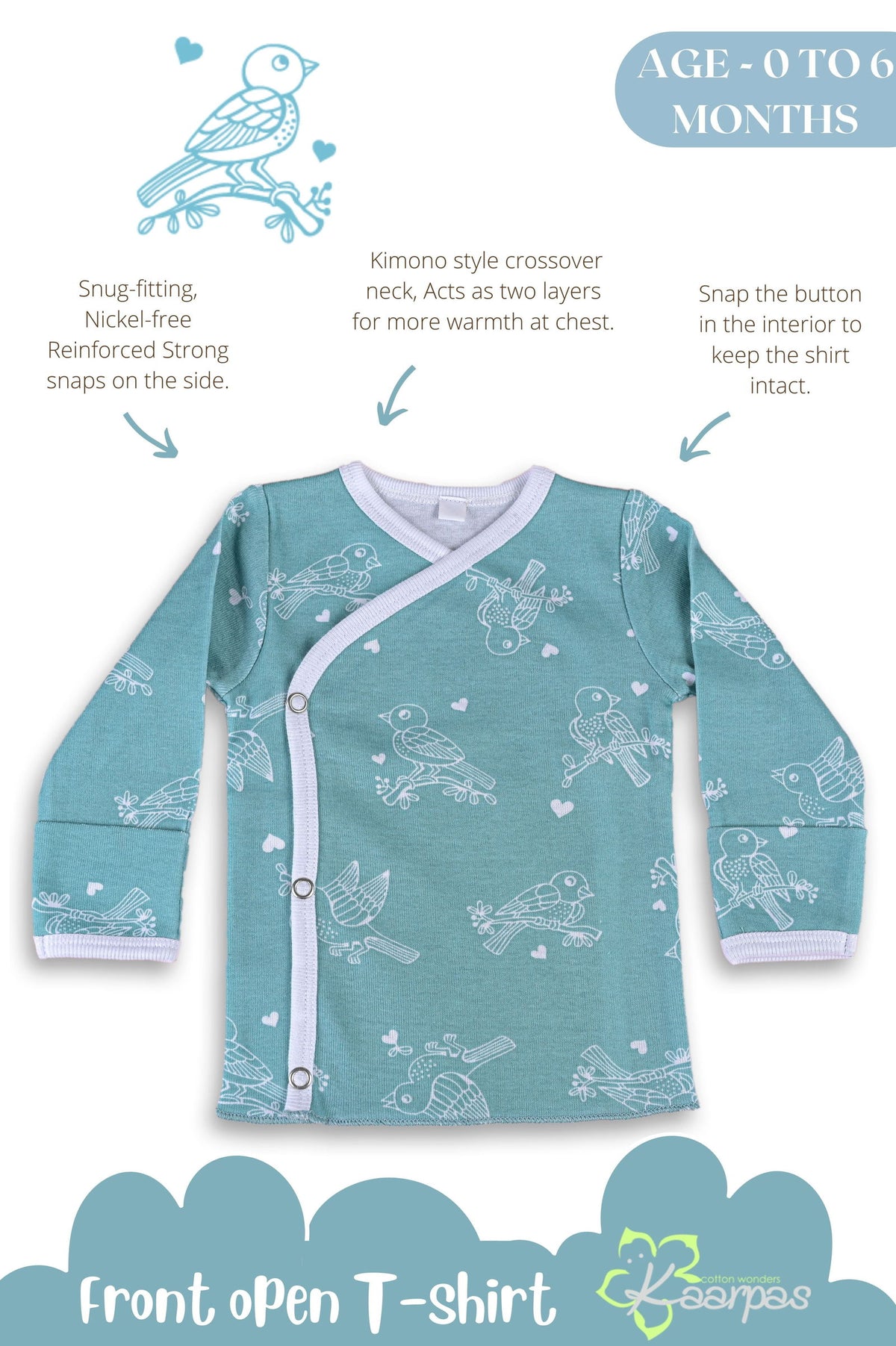 Chirpy Sparrow front open side snap full sleeve T-shirt - Teal - Tinycubs - 