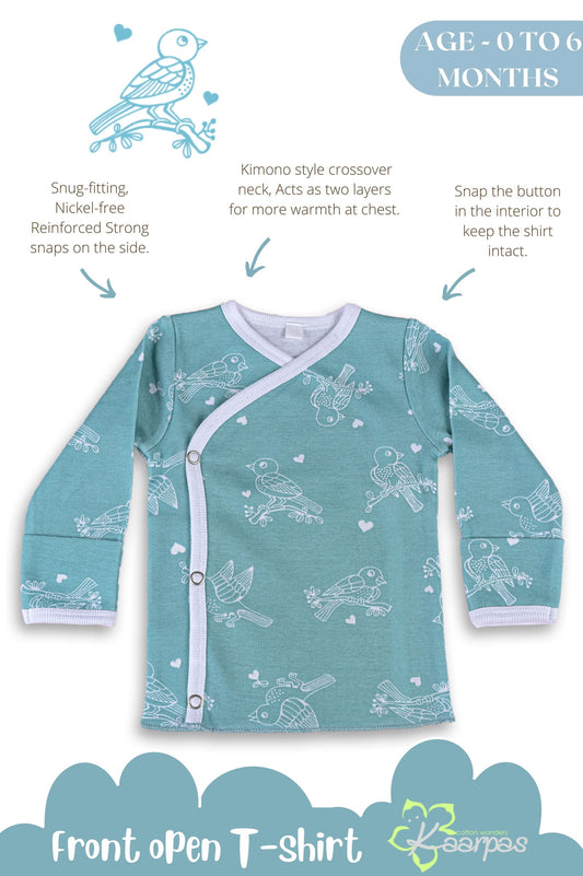 Chirpy Sparrow front open side snap full sleeve T-shirt - Teal - Tinycubs - 