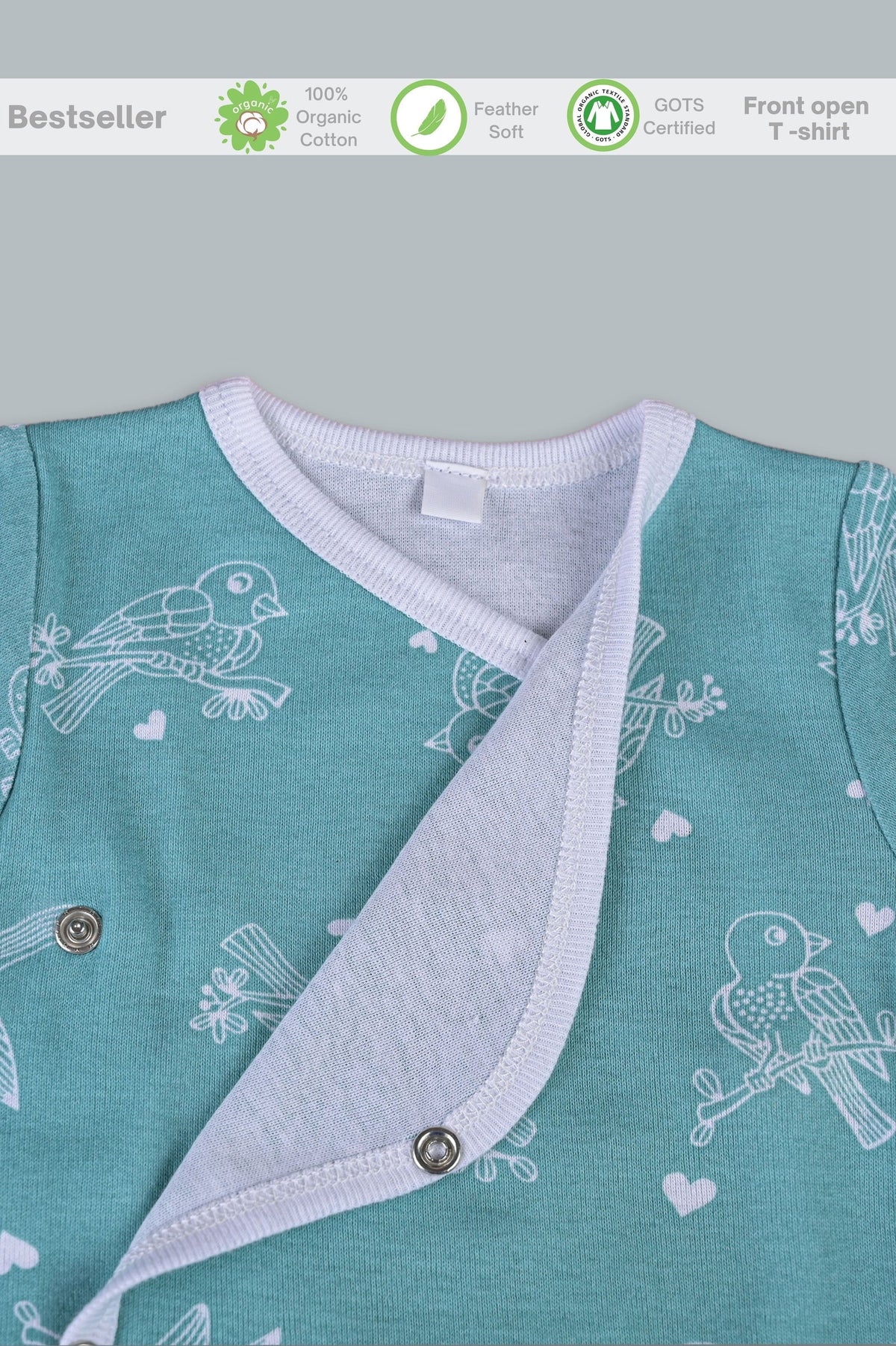 Chirpy Sparrow front open side snap full sleeve T-shirt - Teal - Tinycubs - 