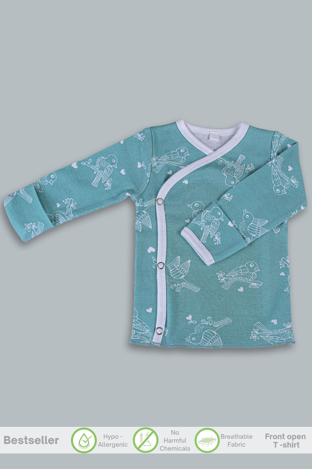 Chirpy Sparrow front open side snap full sleeve T-shirt - Teal - Tinycubs - 