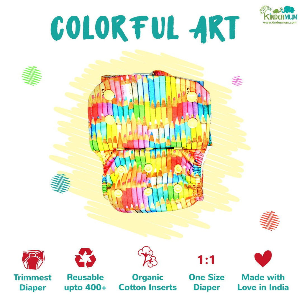 Colourful Art Pro AIO Cloth Diaper (with 2 organic inserts and power booster) - Tinycubs - 