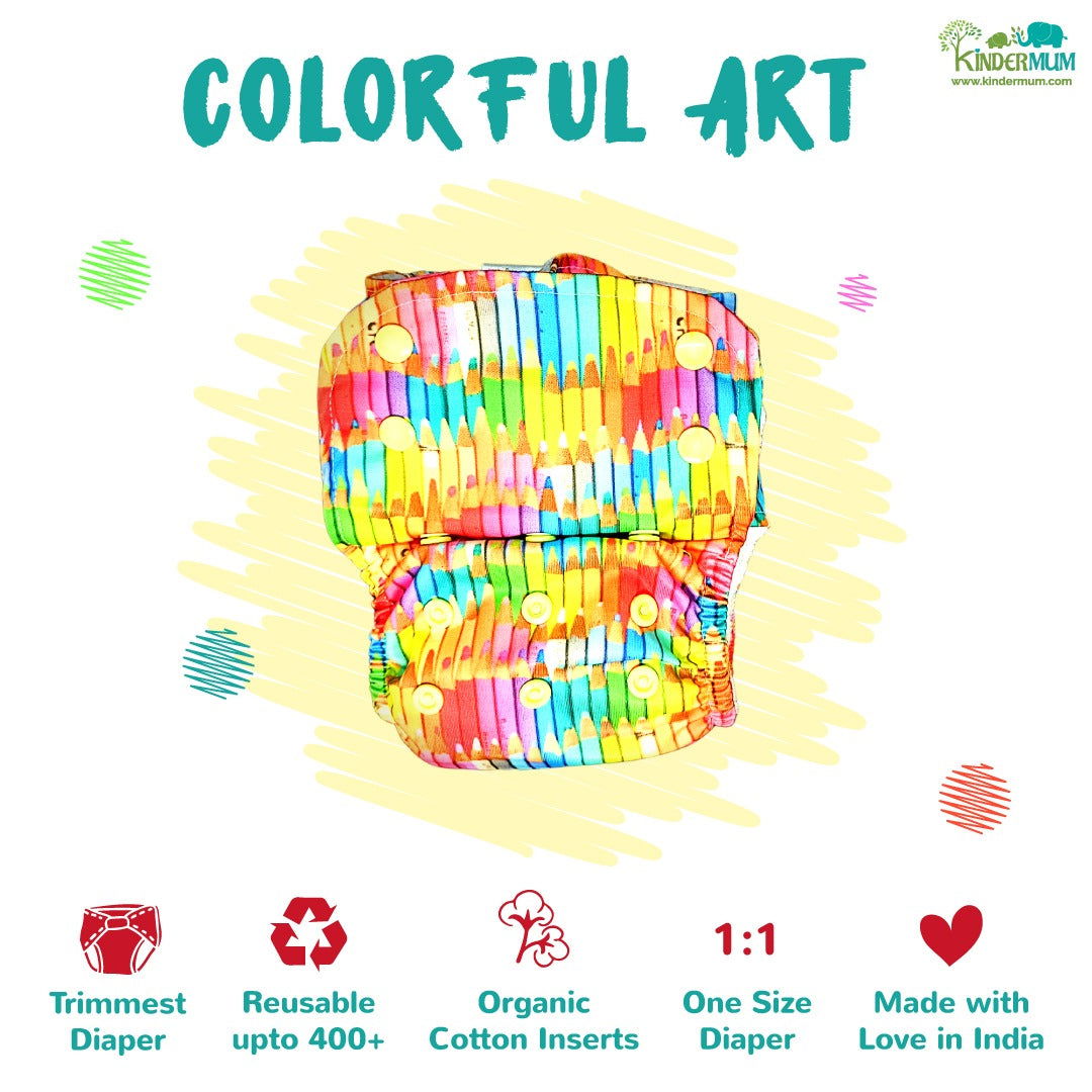 Colourful Art Pro AIO Cloth Diaper (with 2 organic inserts and power booster) - Tinycubs - 