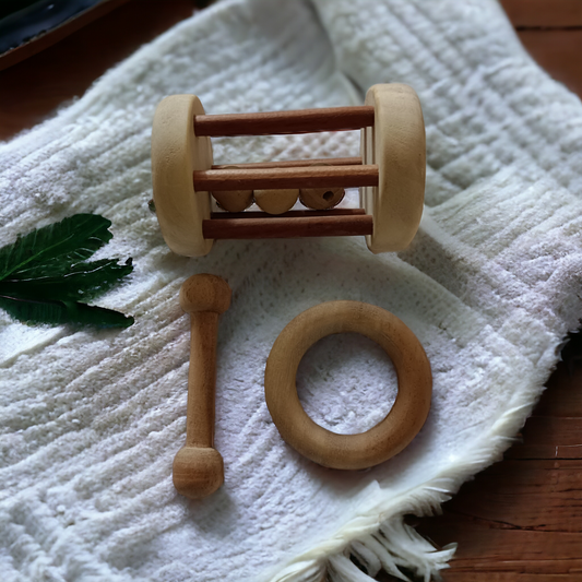 Combo of Neem Wooden Tumbler Rattle & Teethers of Shapes - Dumbbell & Ring - Tinycubs - 