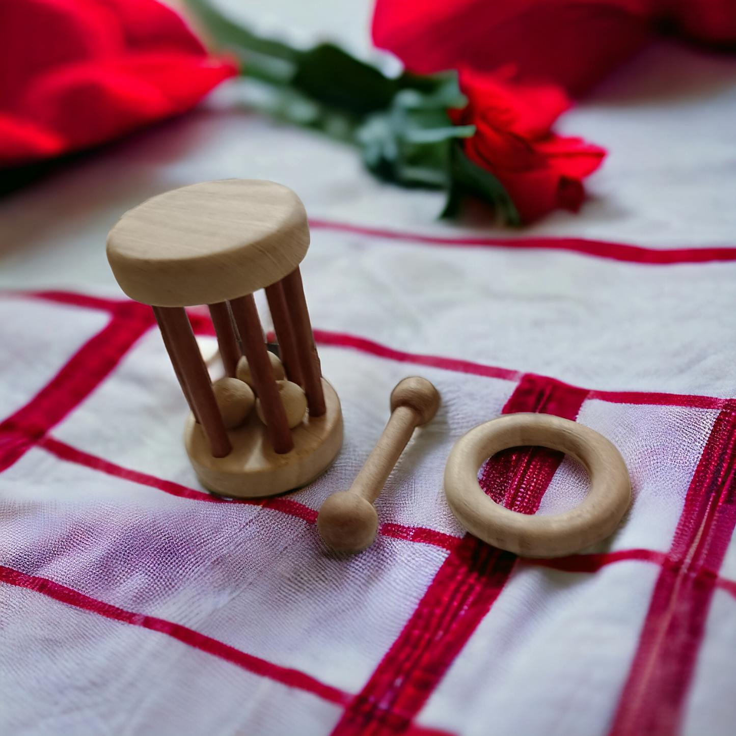 Combo of Neem Wooden Tumbler Rattle & Teethers of Shapes - Dumbbell & Ring - Tinycubs - 