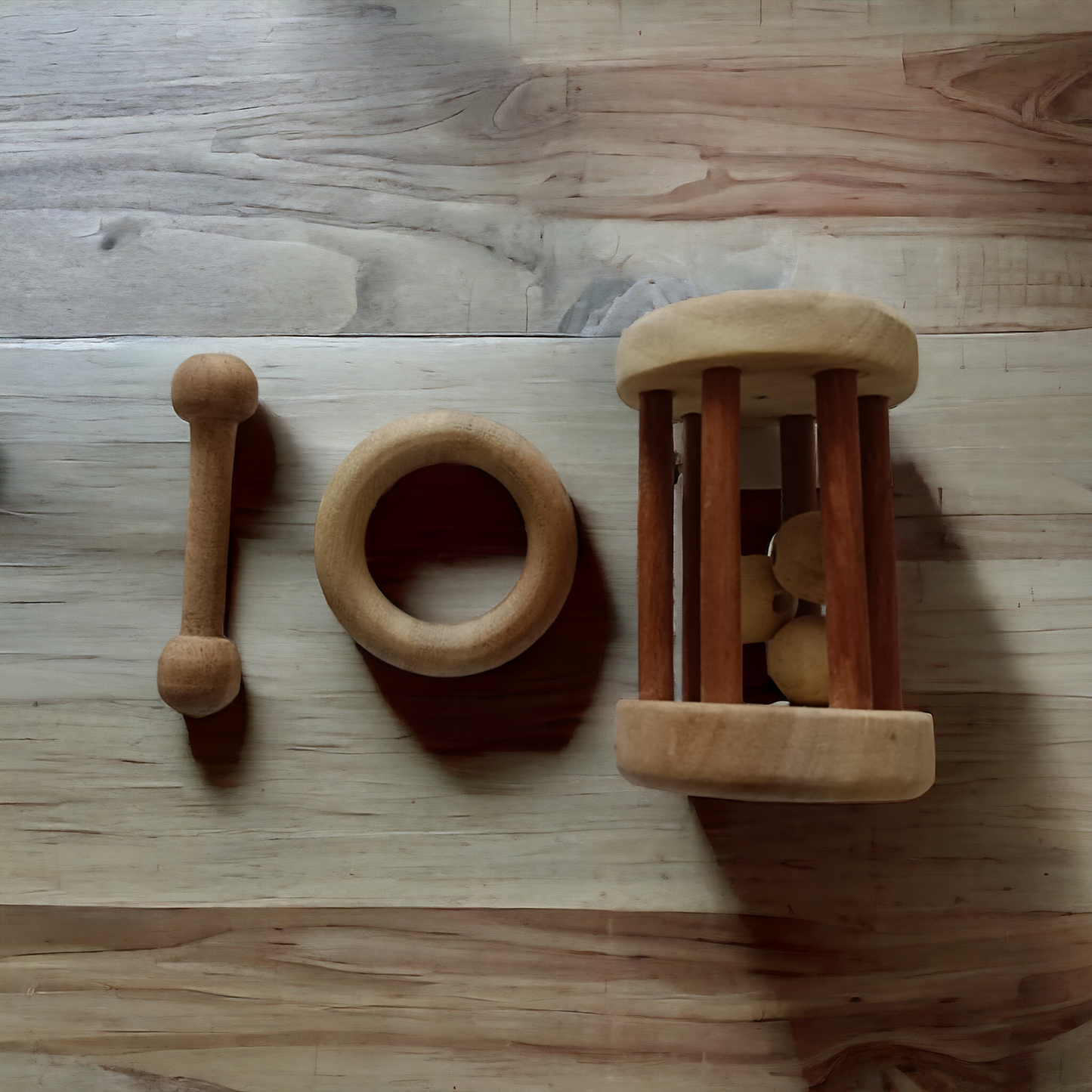 Combo of Neem Wooden Tumbler Rattle & Teethers of Shapes - Dumbbell & Ring - Tinycubs - 