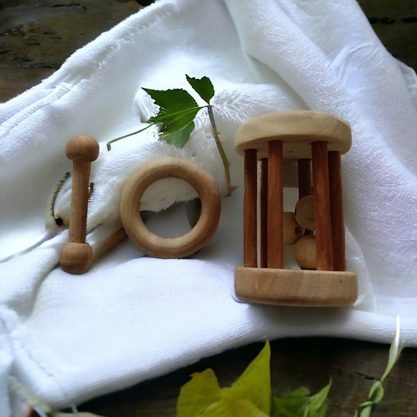Combo of Neem Wooden Tumbler Rattle & Teethers of Shapes - Dumbbell & Ring - Tinycubs - 