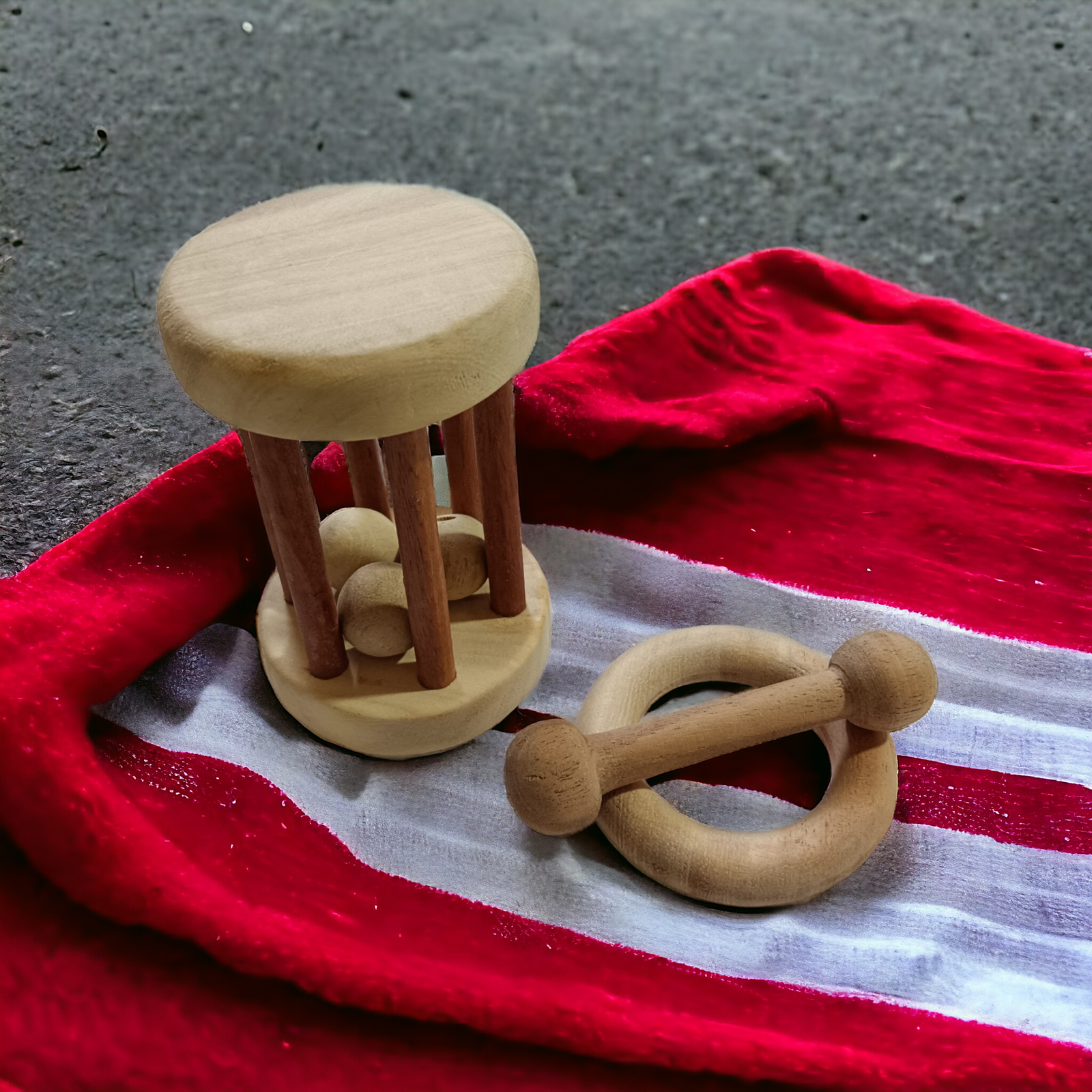 Combo of Neem Wooden Tumbler Rattle & Teethers of Shapes - Dumbbell & Ring - Tinycubs - 