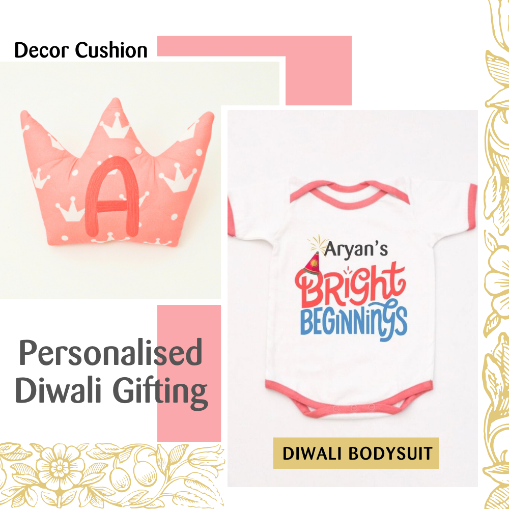 Crown Decor Cushion & Diwali Bodysuit Gift Set - Tinycubs - 