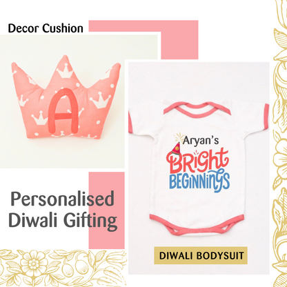 Crown Decor Cushion & Diwali Bodysuit Gift Set - Tinycubs - 