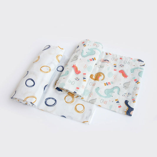 Dino Friend & Doodle Circles - Organic Luxury Swaddles Set - Tinycubs - 