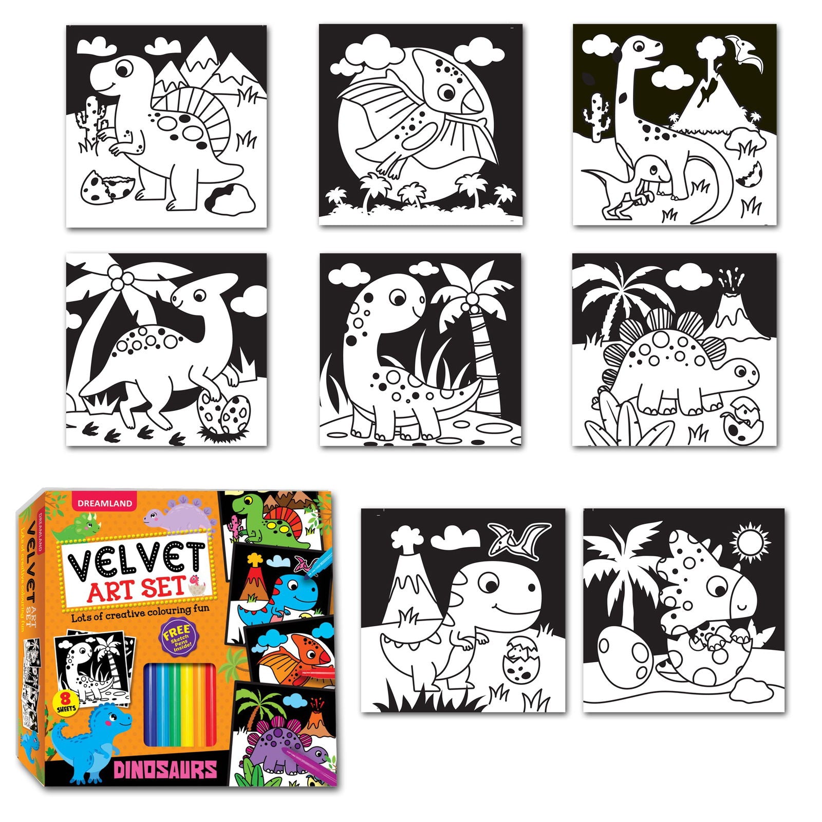 Dinosaurs - Velvet Art Set With 10 Free Sketch Pens - Tinycubs - 