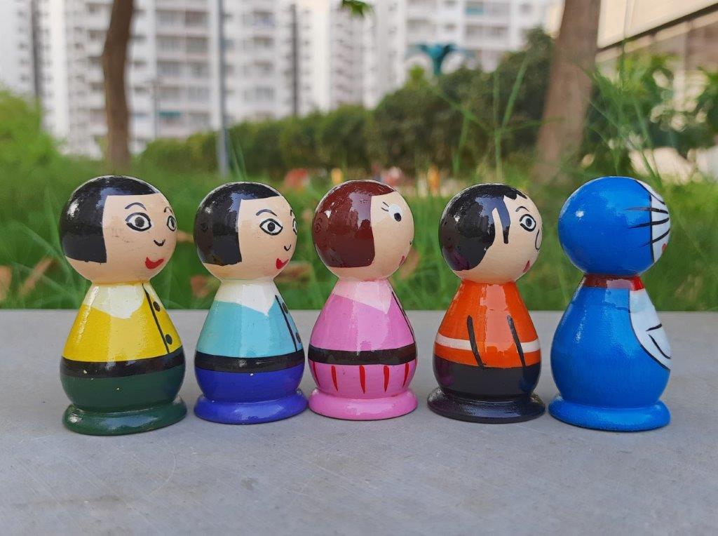 Doremon set - Handcrafted Wooden peg doll set - 5 pcs - Tinycubs - 
