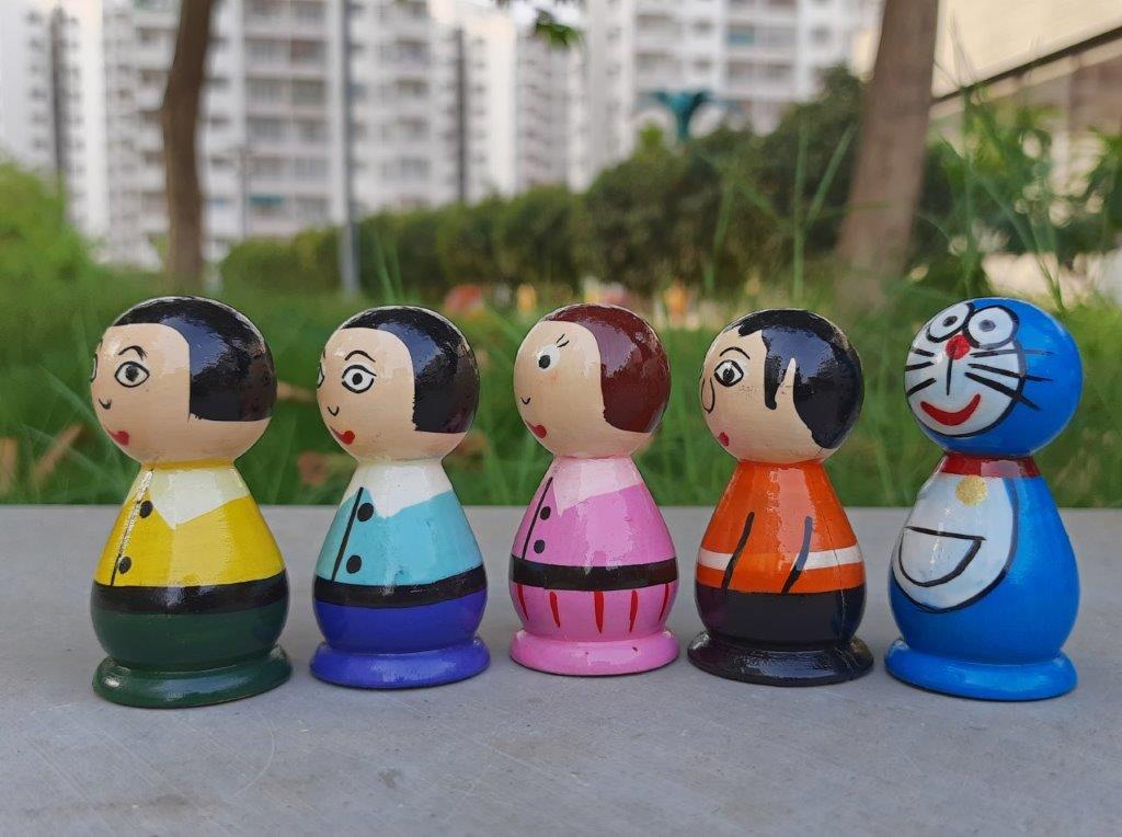 Doremon set - Handcrafted Wooden peg doll set - 5 pcs - Tinycubs - 