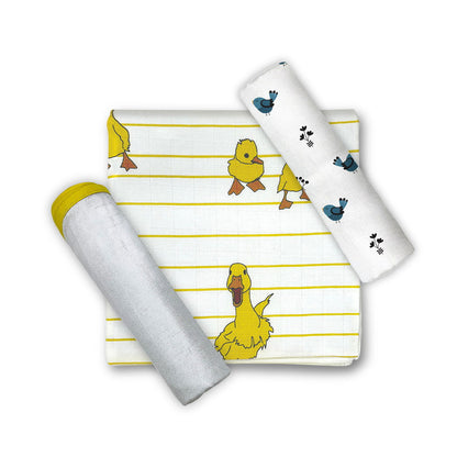Duck, Bird & Classic White Swaddle Set | Pack Of 3 | 90 x 90 cm - Tinycubs - 