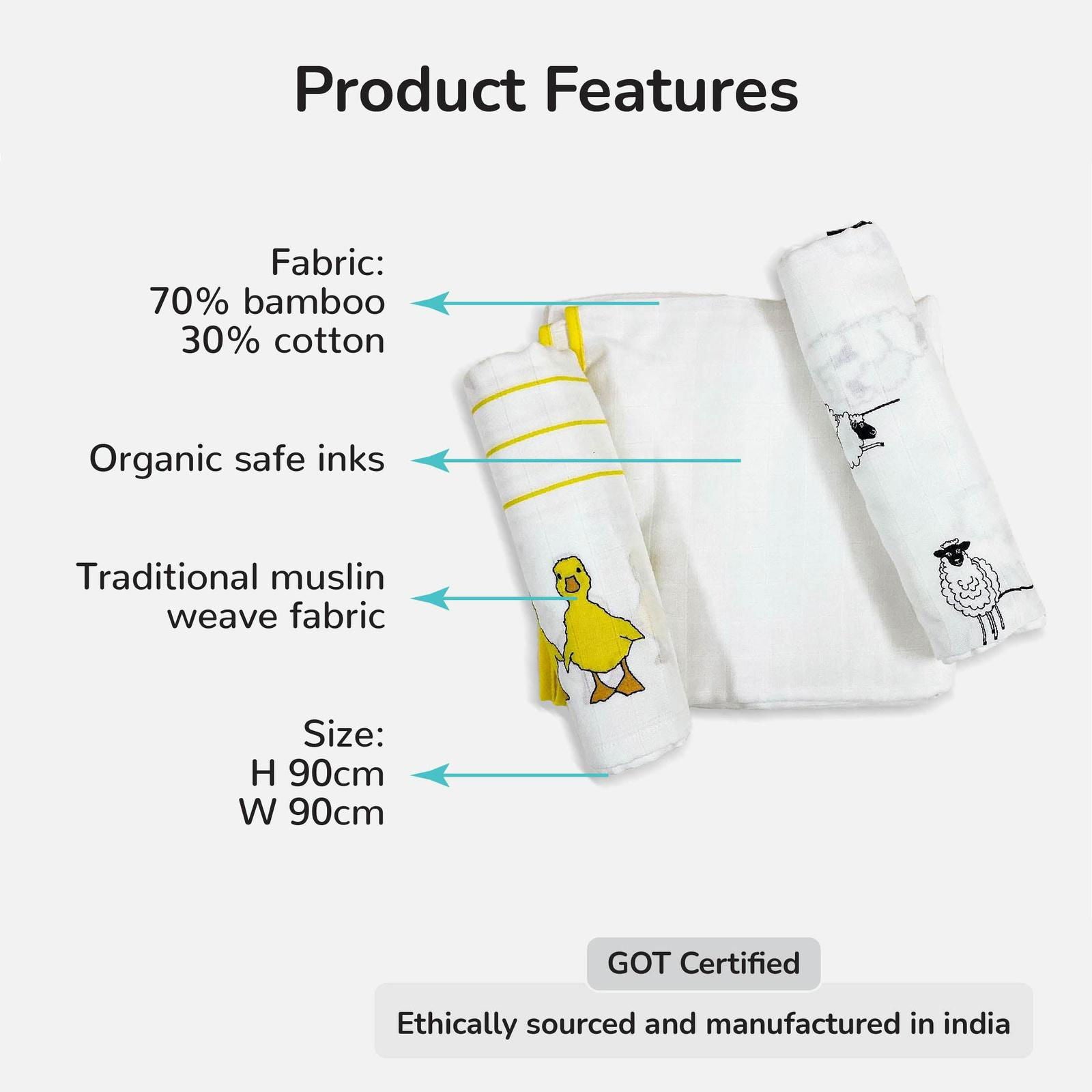 Duck, Bird & Classic White Swaddle Set | Pack Of 3 | 90 x 90 cm - Tinycubs - 