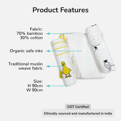 Duck, Bird & Classic White Swaddle Set | Pack Of 3 | 90 x 90 cm - Tinycubs - 