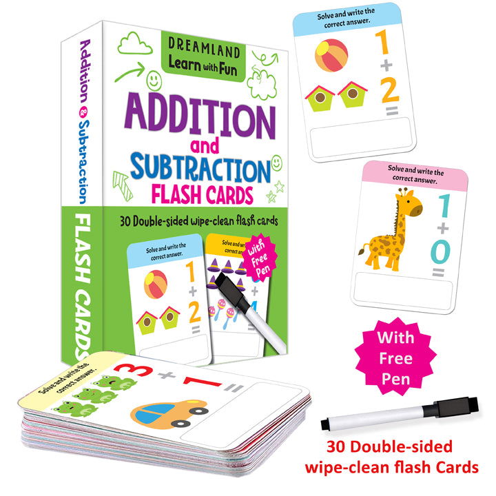 Flash Cards Addition and Subtraction  - 30 Double Sided Wipe Clean Flash Cards for Kids (With Free Pen) - Tinycubs - 