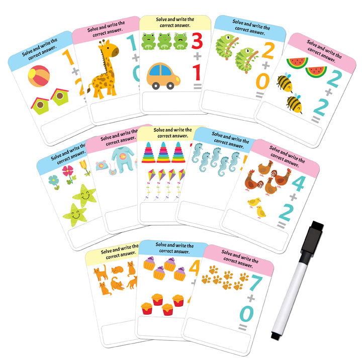 Flash Cards Addition and Subtraction  - 30 Double Sided Wipe Clean Flash Cards for Kids (With Free Pen) - Tinycubs - 