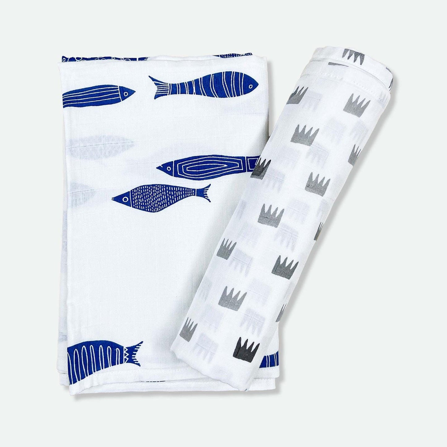 Grey Crowns & Indigo Aquarium Combo Swaddles | Pack of 2 | 120 x 120 cm - Tinycubs - 
