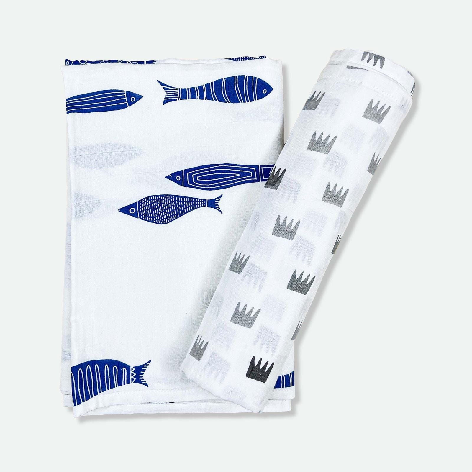 Grey Crowns & Indigo Aquarium Combo Swaddles | Pack of 2 | 120 x 120 cm - Tinycubs - 