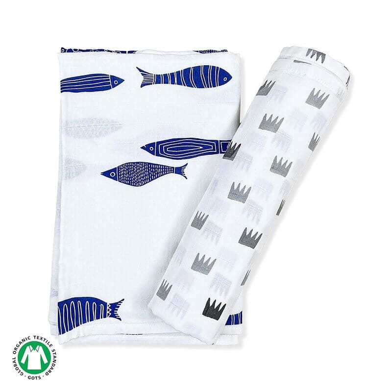 Grey Crowns & Indigo Aquarium Combo Swaddles | Pack of 2 | 120 x 120 cm - Tinycubs - 