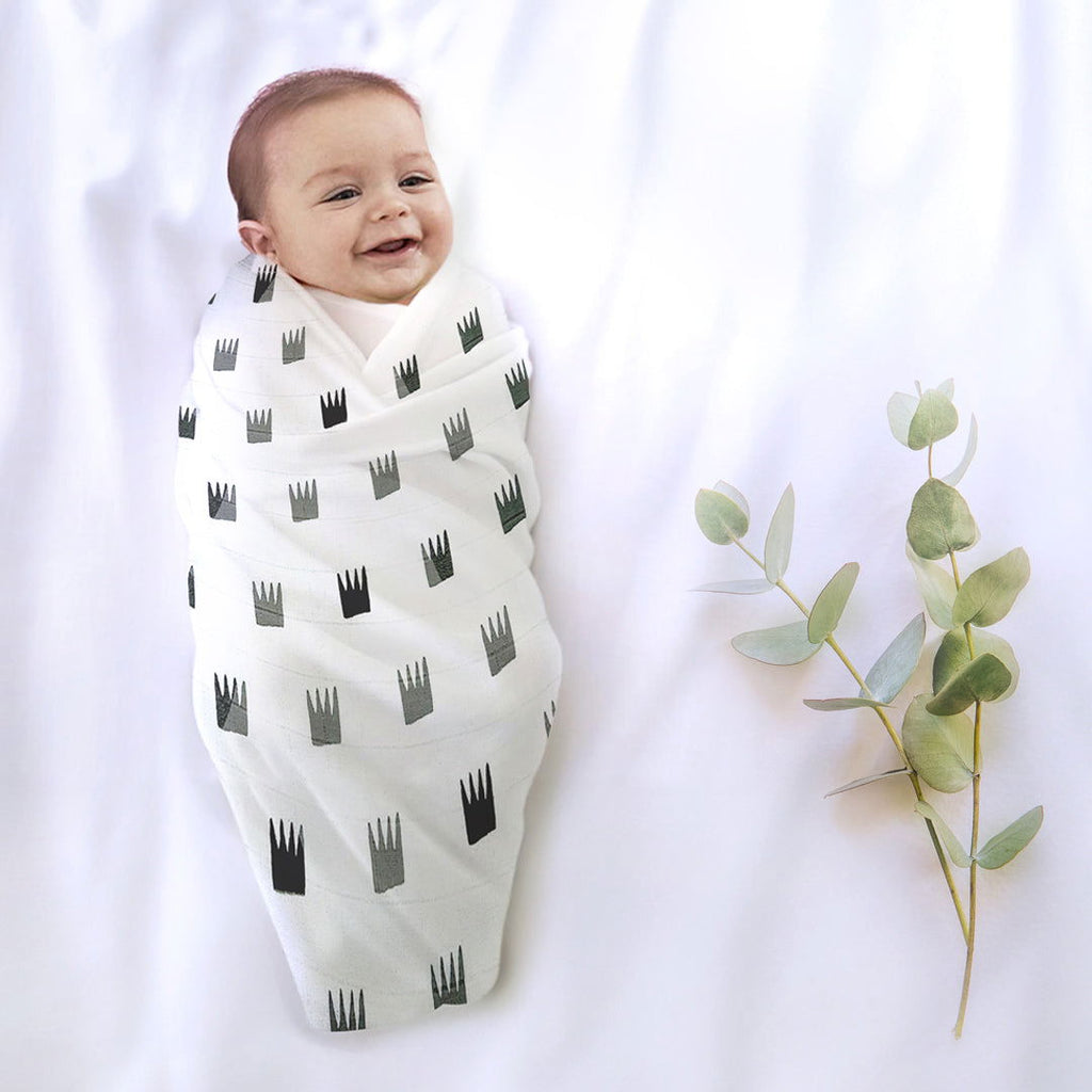 Grey Crowns Organic Bamboo Baby Swaddle | 120 x 120 cm - Tinycubs - 