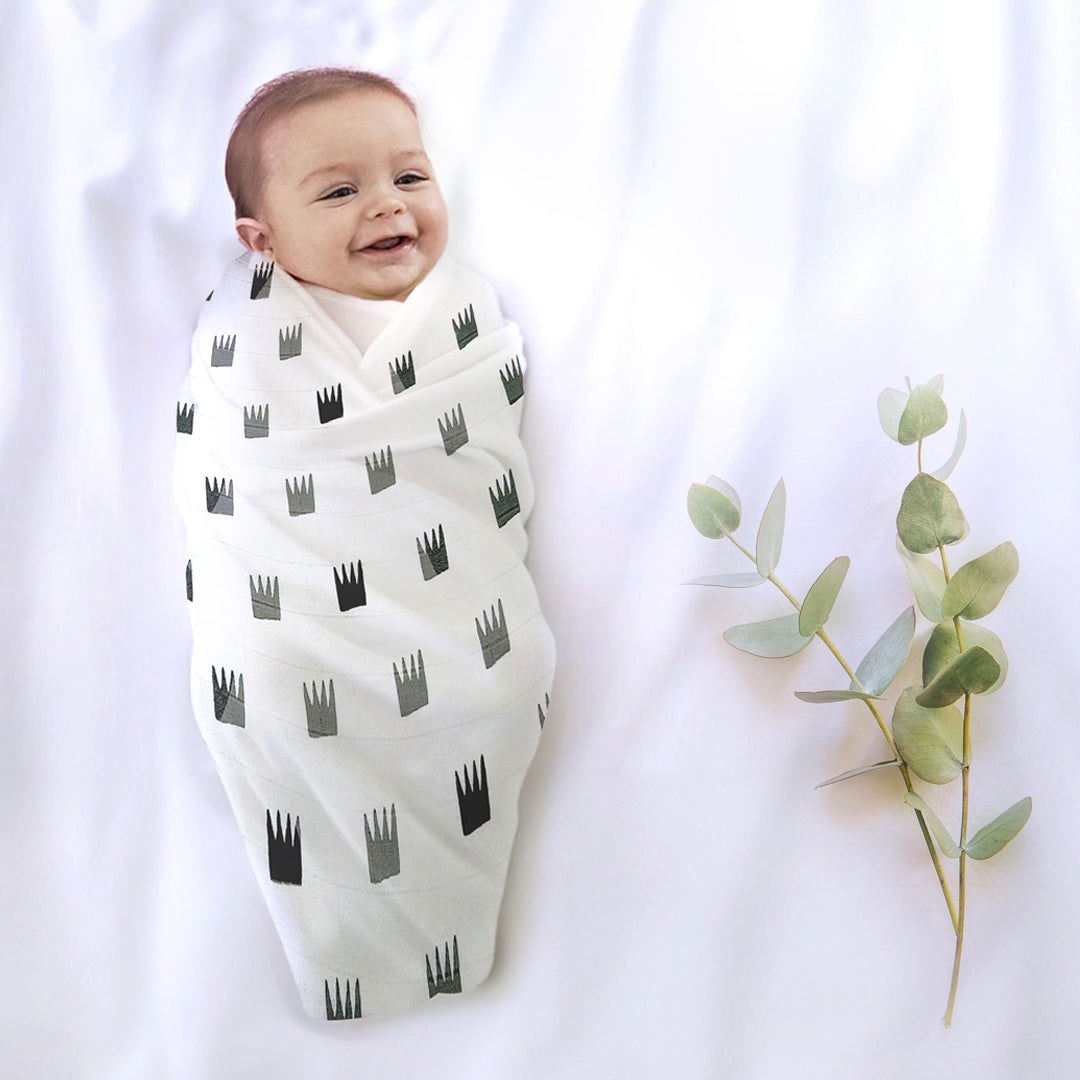 Grey Crowns Organic Bamboo Baby Swaddle | 120 x 120 cm - Tinycubs - 