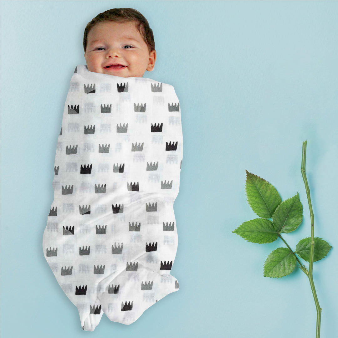 Grey Crowns Organic Bamboo Baby Swaddle | 120 x 120 cm - Tinycubs - 