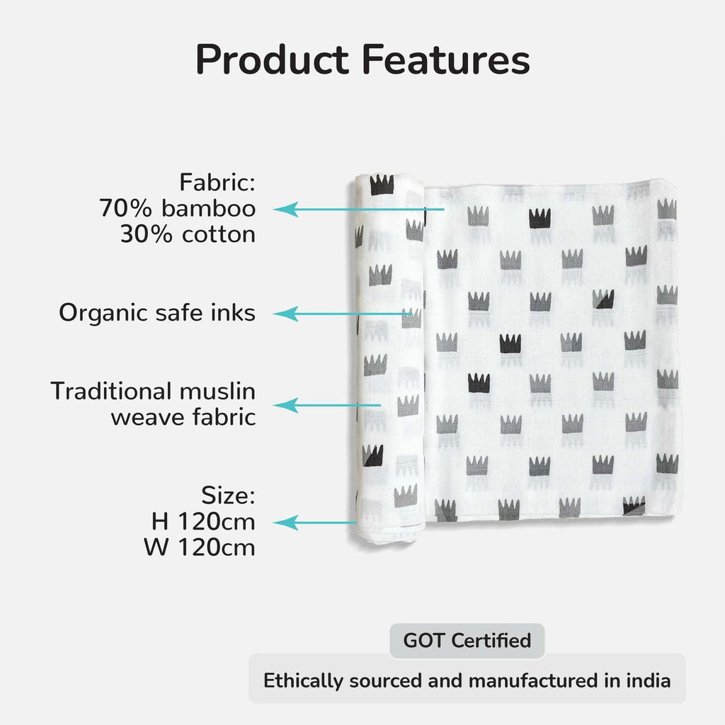 Grey Crowns Organic Bamboo Baby Swaddle | 120 x 120 cm - Tinycubs - 