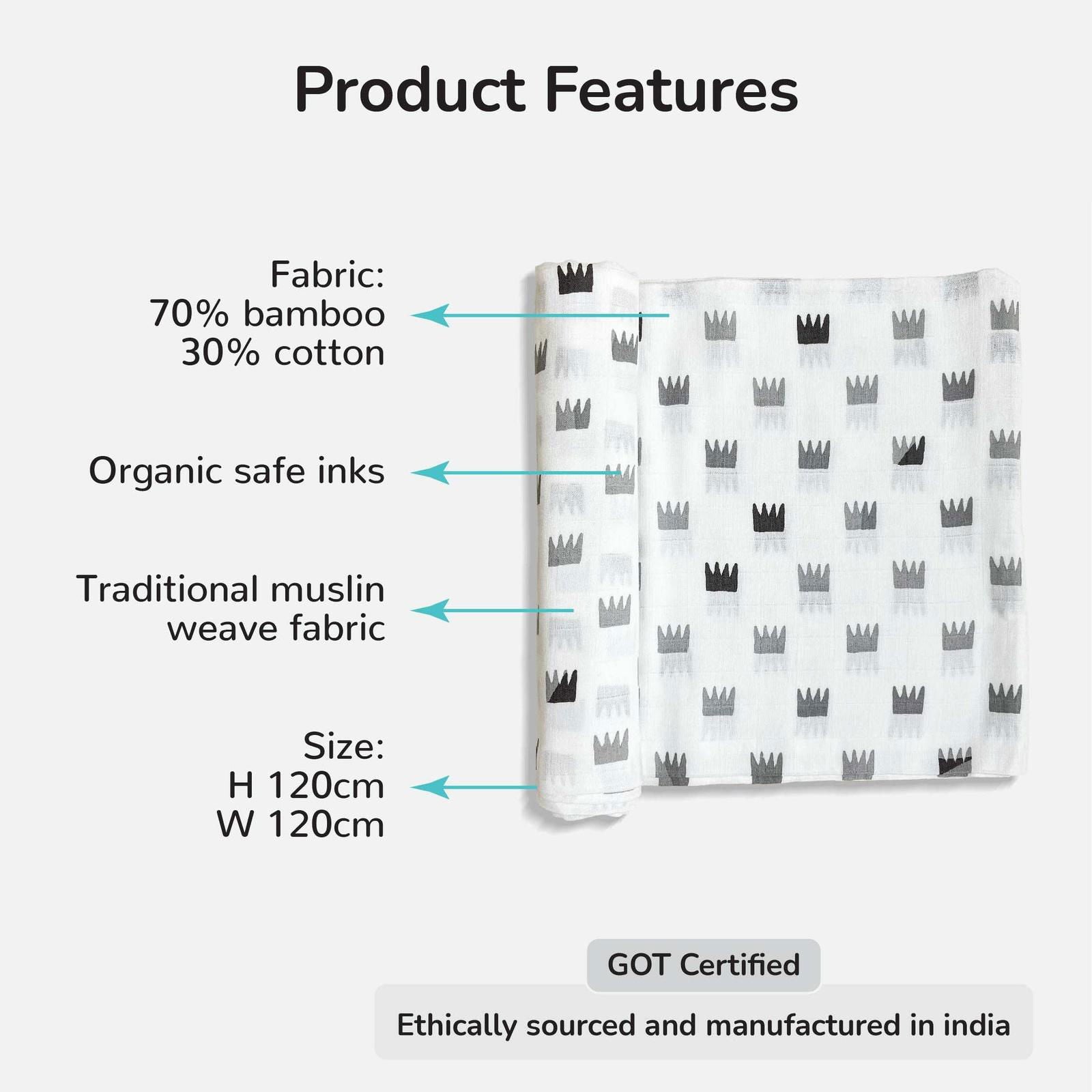 Grey Crowns Organic Bamboo Baby Swaddle | 120 x 120 cm - Tinycubs - 