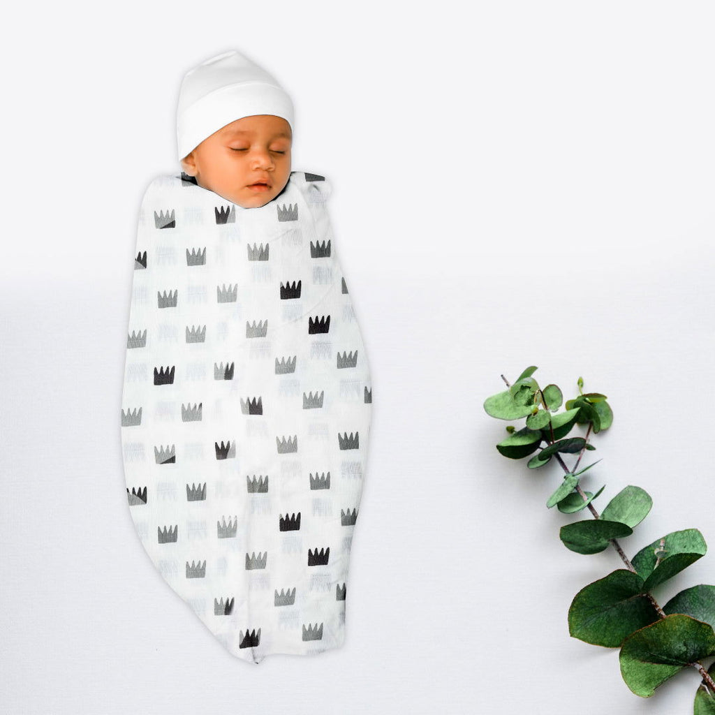 Grey Crowns Organic Bamboo Baby Swaddle | 120 x 120 cm - Tinycubs - 